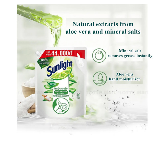 Sunlight  Dishwashing Liquid Detergent Natural Mineral Salts & Aloe Vera Bag 3.4kg helps kill bacteria effectively