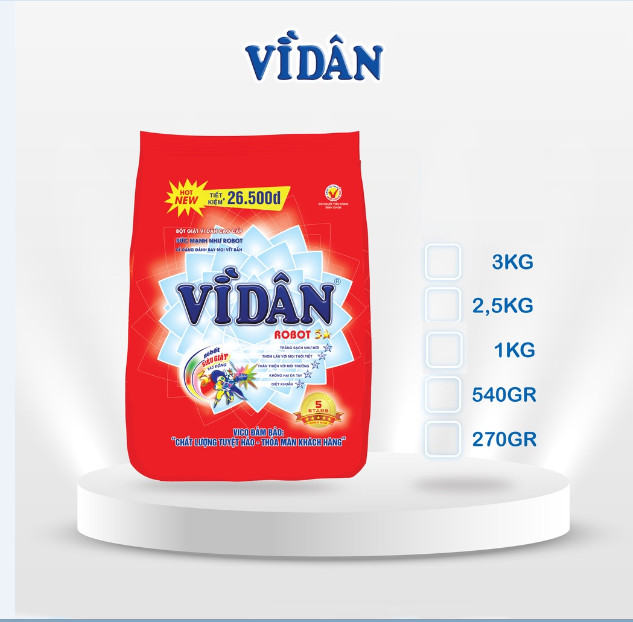 Vi Dan Robot 5 Star Premium Powder Detergent 1kg x 12 bags White and clean as new