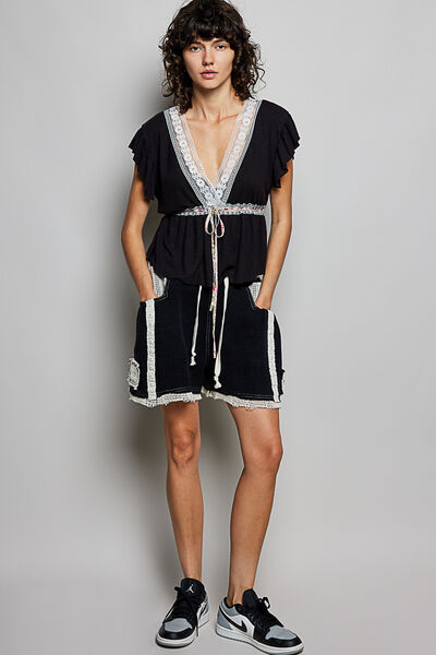 POL Tied Ruffled V-Neck Short Sleeve Blouse with Lace Detail - Black