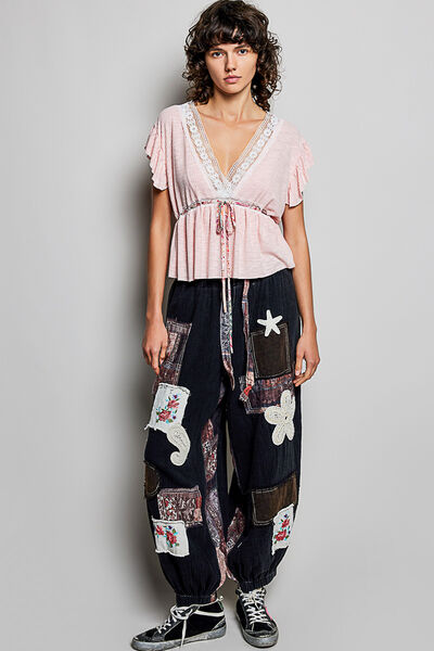 POL Tied Ruffled V-Neck Short Sleeve Blouse with Lace Detail - Blush