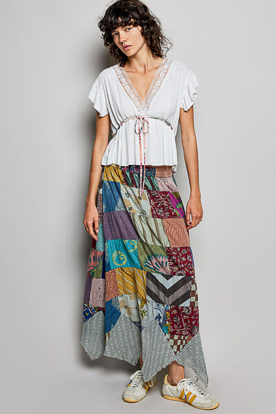 POL Tied Ruffled V-Neck Short Sleeve Blouse with Lace Detail - Off White