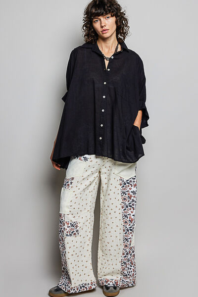 POL Button Down Half Dolman Sleeve Shirt - Black