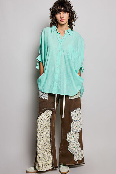 POL Button Down Half Dolman Sleeve Shirt - Mint