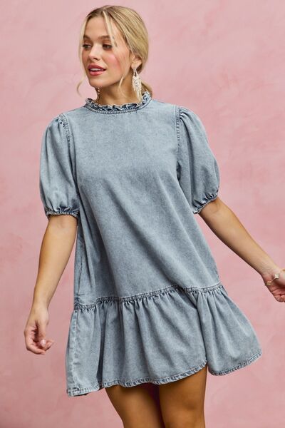 SO ME Denim Short Sleeves Mini Tiered Dress 4 3 11