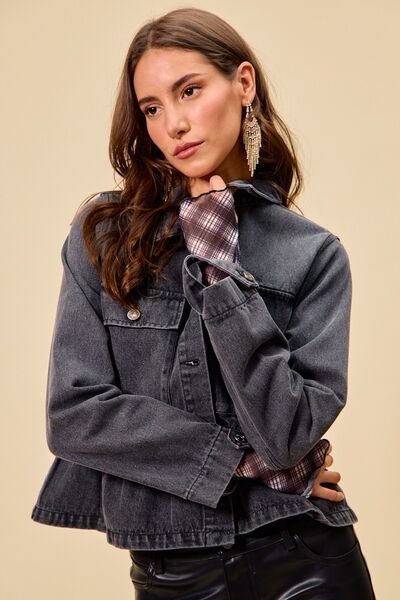 SO ME Denim Peplum Hem Front Button Jacket With Pockets 3 3 16