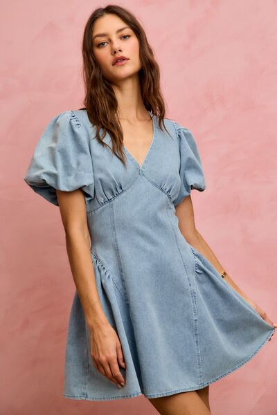 SO ME Bubble Sleeves Denim Fit And Flare Mini Dress 3 3 17