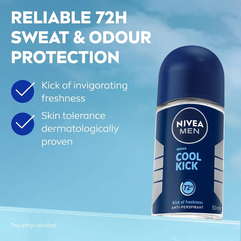 Nivea Men Deodorant Roll-On Cool Kick Extra Dry Cool Active 50ml x 24 Bottles 4 4 13