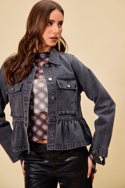 SO ME Denim Peplum Hem Front Button Jacket With Pockets 4 4 17