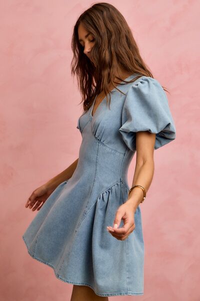 SO ME Bubble Sleeves Denim Fit And Flare Mini Dress 4 4 18