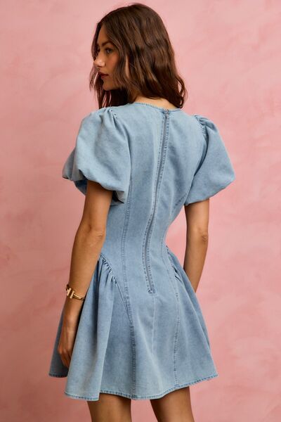 SO ME Bubble Sleeves Denim Fit And Flare Mini Dress 5 5 15