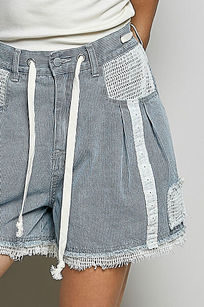 POL Raw Hem Drawstring Striped Denim Shorts