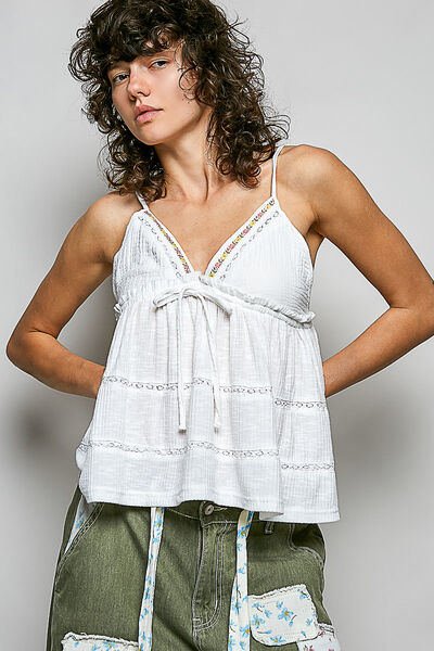 POL V-Neck Embroidered Trim Ruffled Cami - Off White