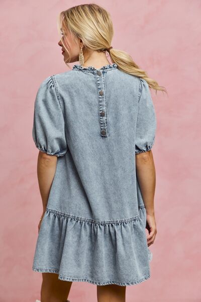 SO ME Denim Short Sleeves Mini Tiered Dress 7 6 7