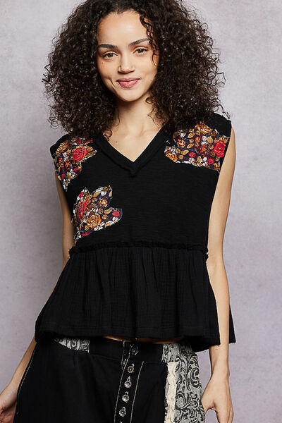 POL Floral Patch Ruffled Sleeveless Top with Raw Edge Detail