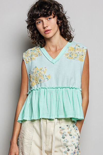 POL Floral Patch Ruffled Sleeveless Top with Raw Edge Detail