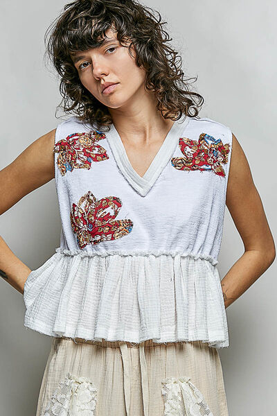 POL Floral Patch Ruffled Sleeveless Top with Raw Edge Detail